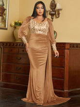 Plus Size Ribbon Lantern Sleeve Velvet Gold Evening Dress